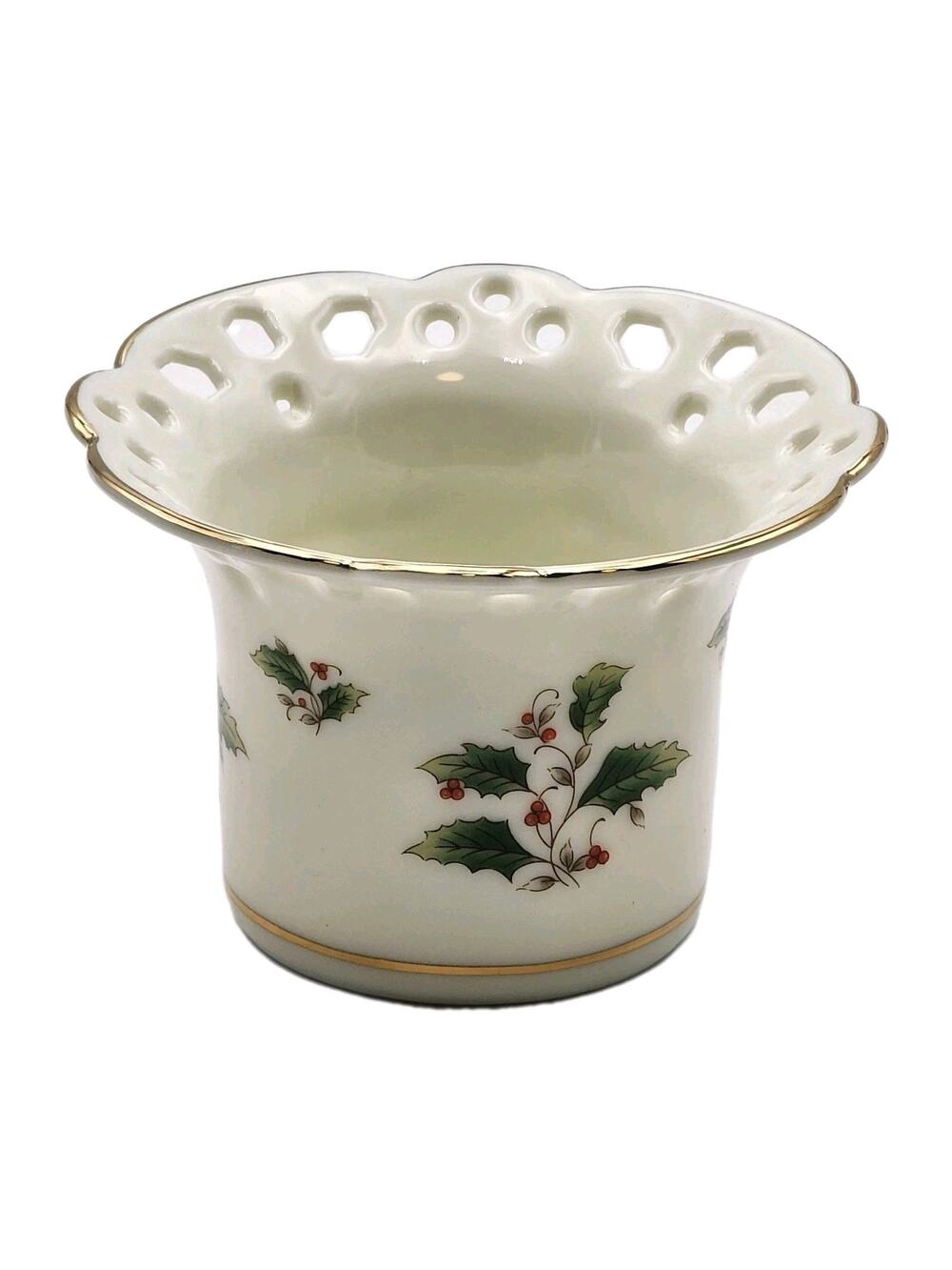 Royal Limited Holly Holiday Pierced Votive Candle Holder Gold Trim Vintage